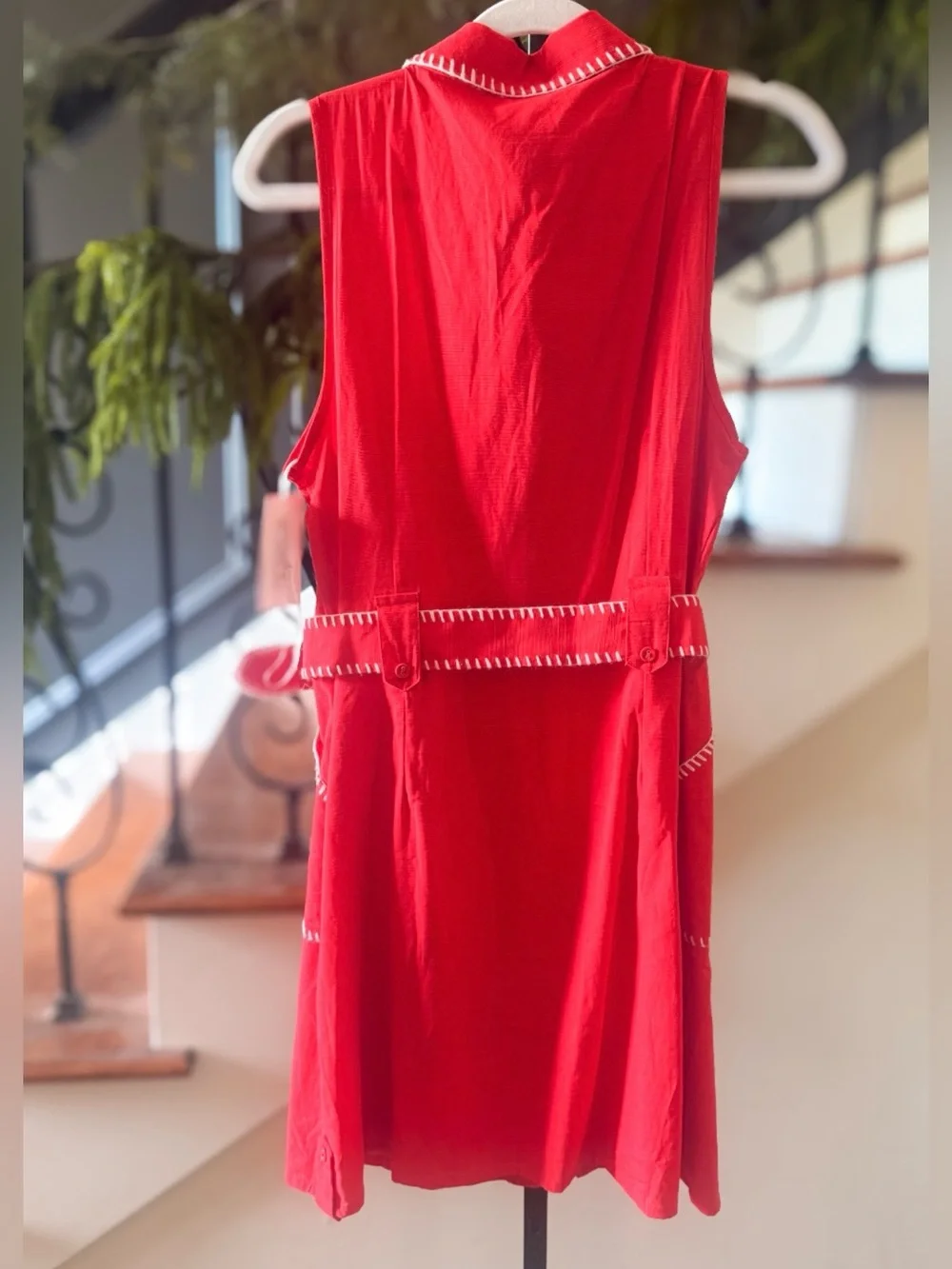 ❤️ NEW Sleeveless Button Down Belted Contrast Stitch Mini Dress Red ~ Large - Picture 5 of 5